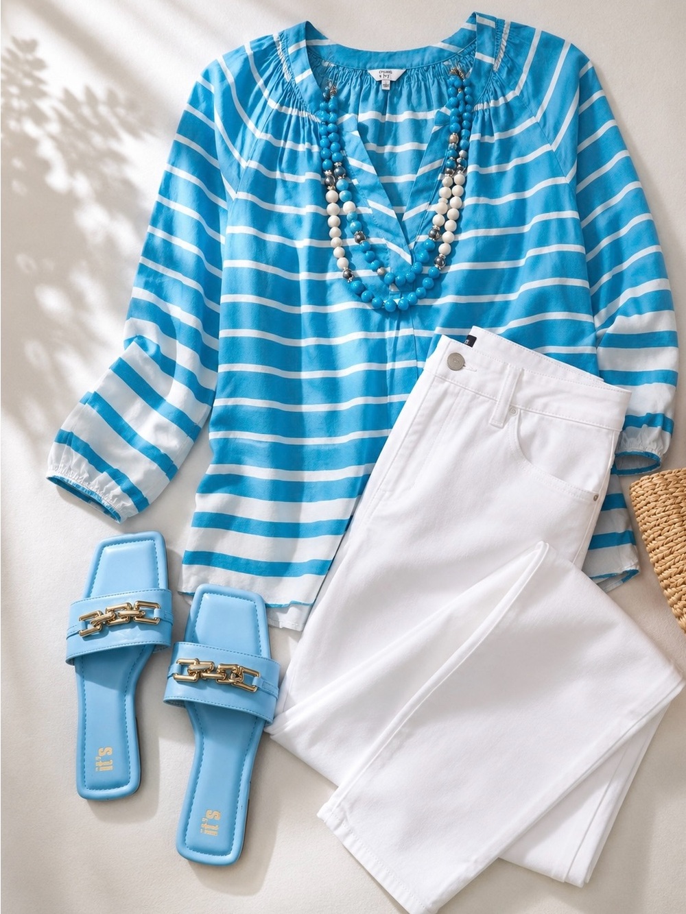 Turquoise & White blouse  with Matching Turquoise Slides & Statement Necklace